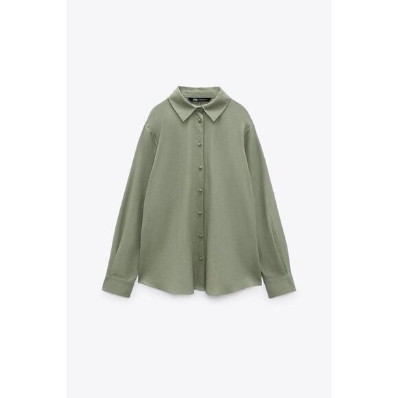Zara EUC Linen Opeb Back Button Down Shirt Size M Khaki Green - Picture 5 of 12